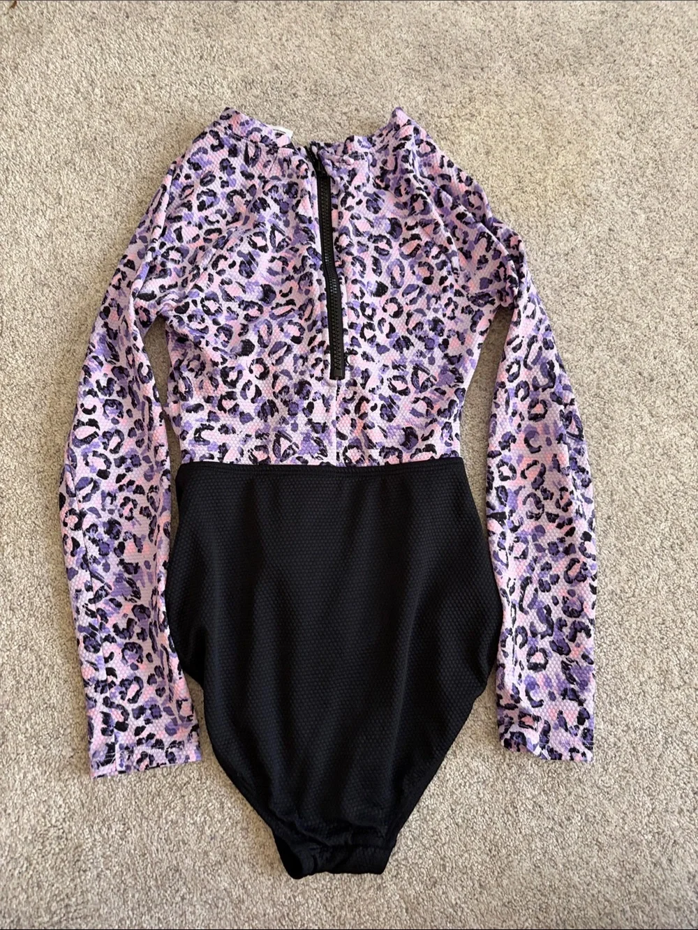 Kids Long-Sleeve Leopard Print One-Piece Swimsuit- Pink Purple & Black